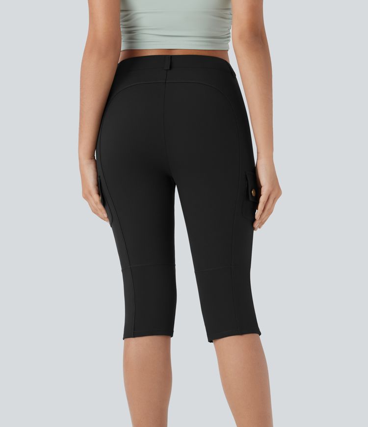 High Waisted Button Zipper Multiple Pockets Solid Skinny Pedal Pusher Casual Cargo Pants