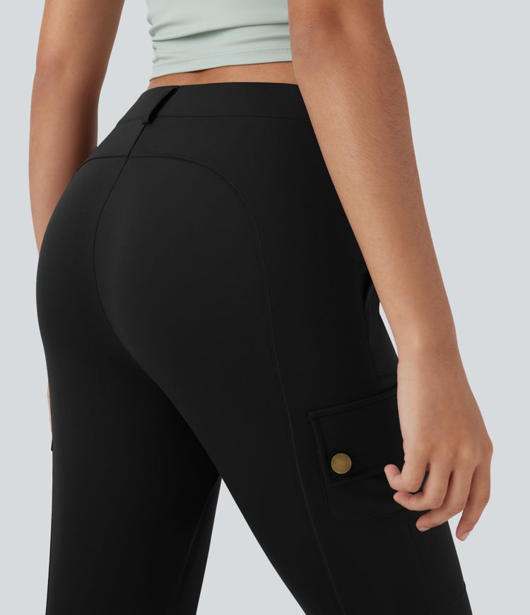 High Waisted Zipper Pockets Solid Skinny Pedal Pusher Casual Cargo Pants