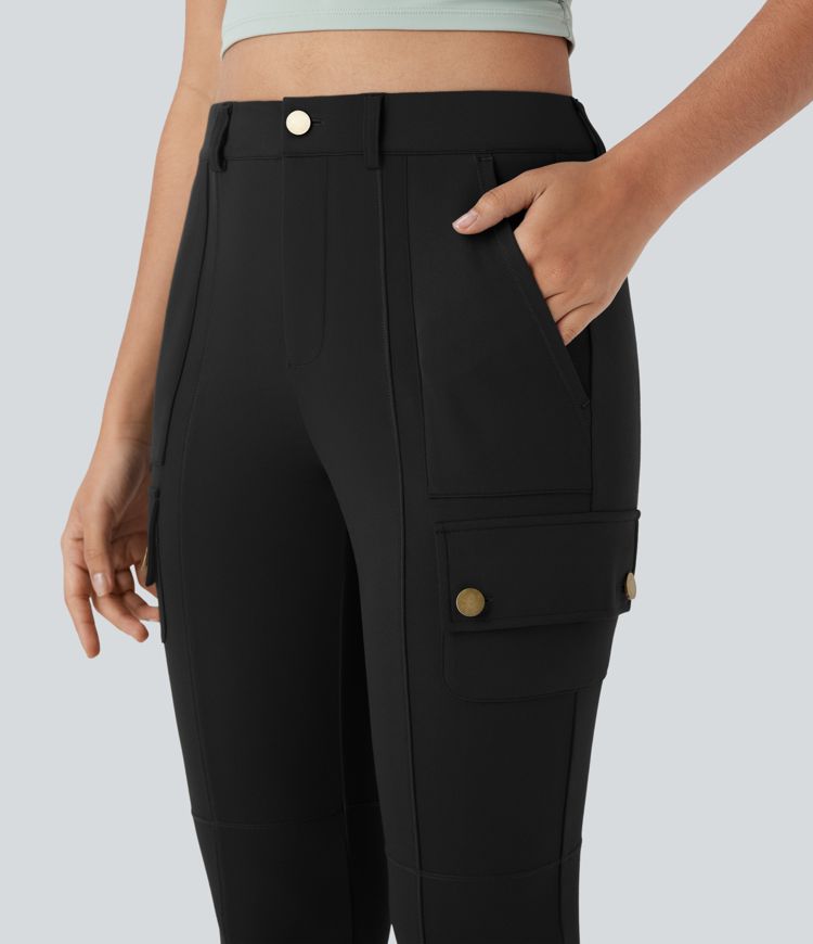 High Waisted Zipper Pockets Solid Skinny Pedal Pusher Casual Cargo Pants