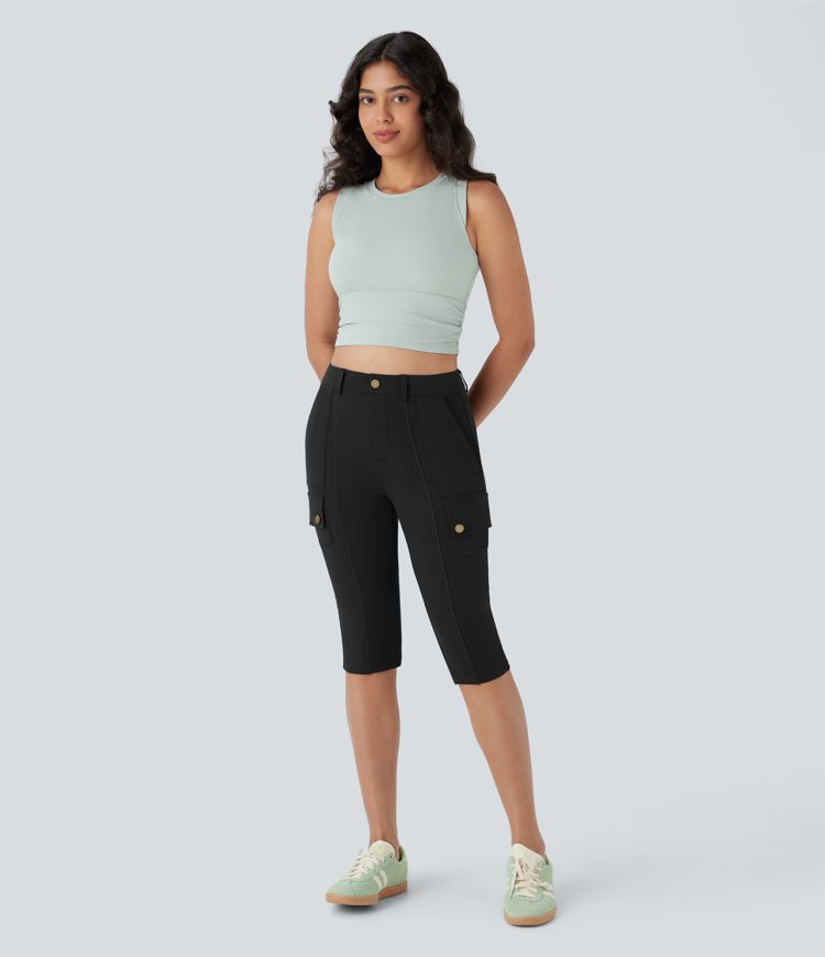 High Waisted Zipper Pockets Solid Skinny Pedal Pusher Casual Cargo Pants