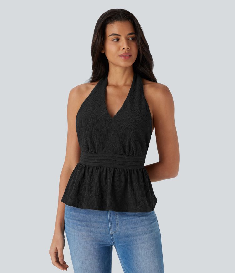 Halter Tie Back Backless Ruffle Hem Casual Top