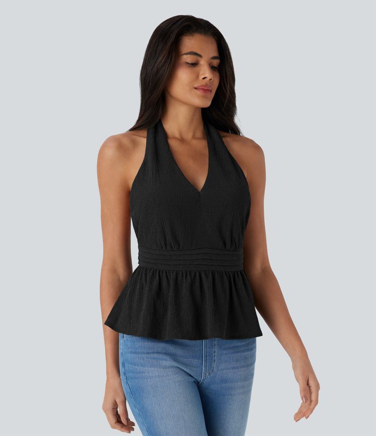 Halter Tie Back Backless Ruffle Hem Casual Top