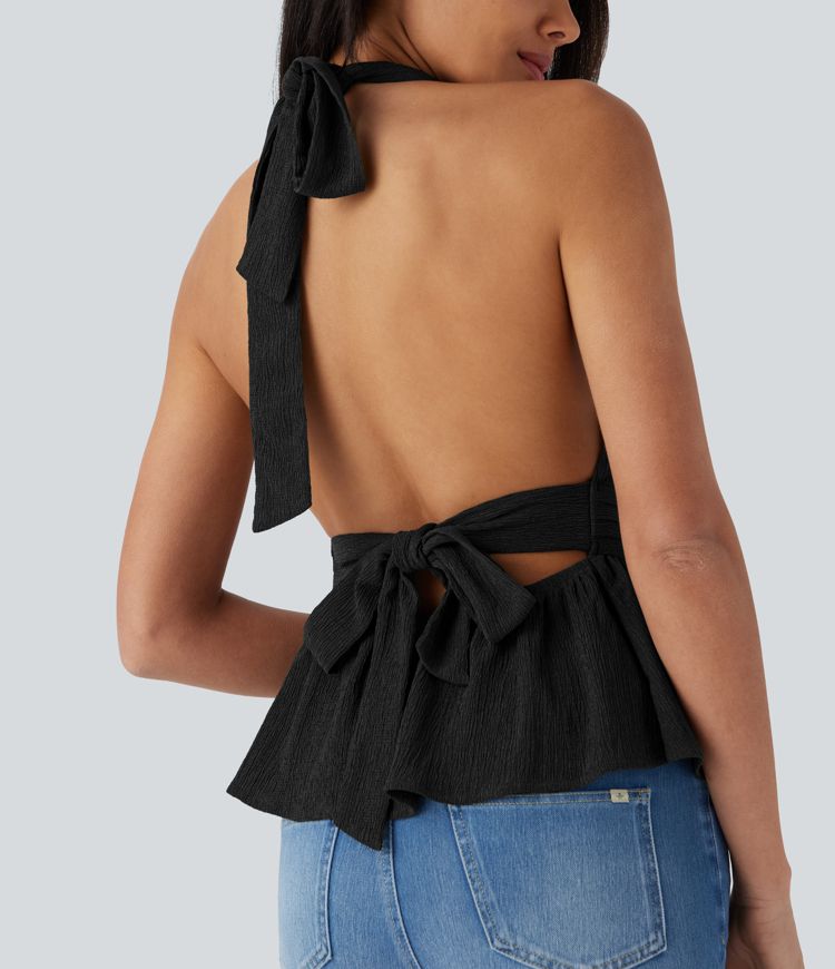 Halter Tie Back Ruffle Hem Casual Top