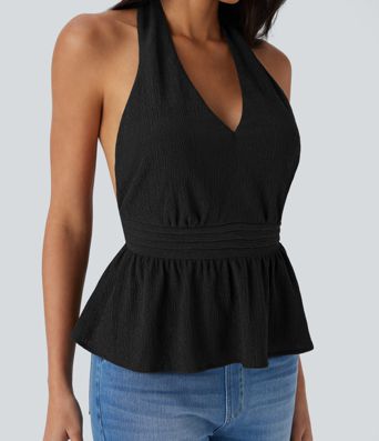 Halter Tie Back Ruffle Hem Casual Top
