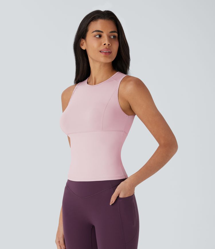 Top de yoga de cuello redondo, liso