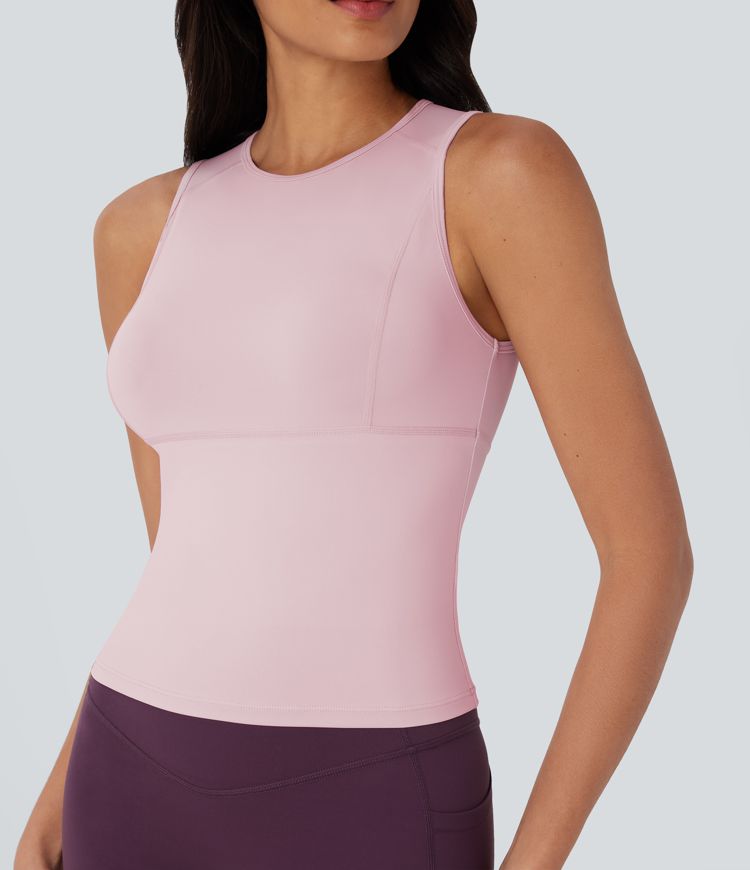 Top de yoga de cuello redondo, liso