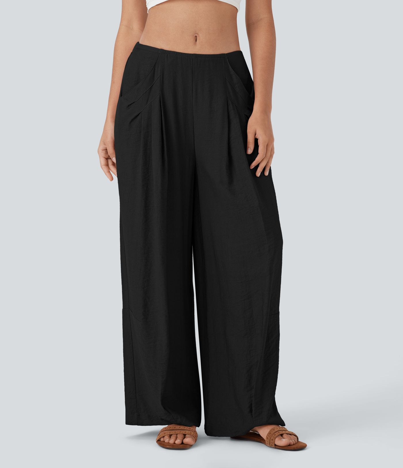 Mid Rise Side Pocket Wide Leg Casual Trousers