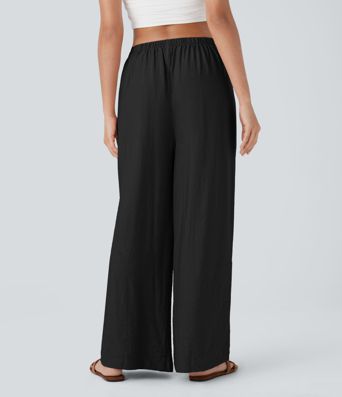 Mid Rise Side Pocket Wide Leg Casual Trousers