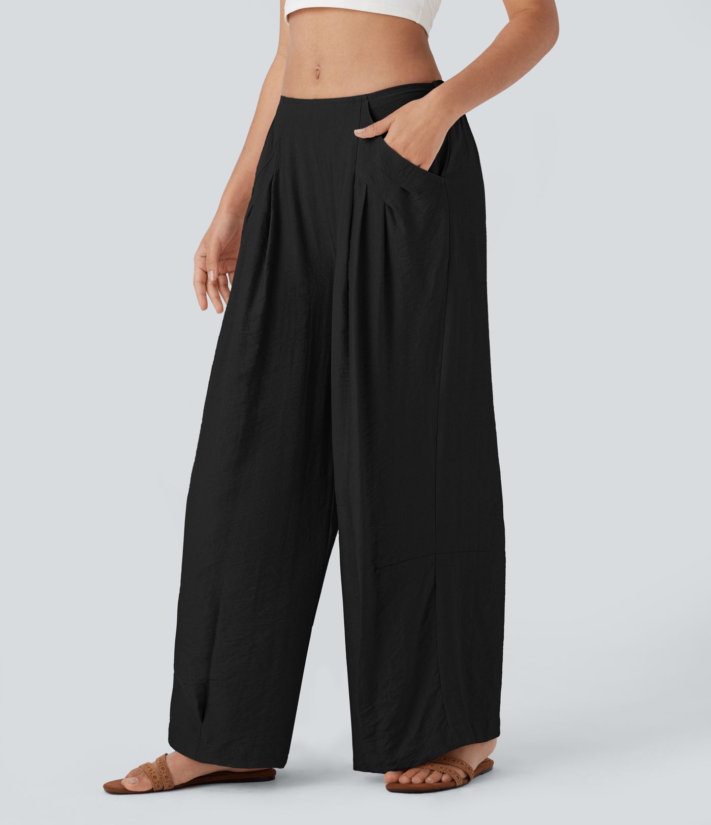 Mid Rise Side Pocket Wide Leg Casual Trousers