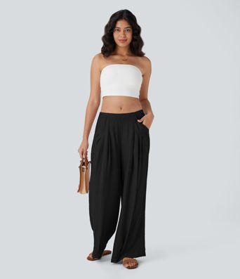 Mid Rise Side Pocket Wide Leg Casual Trousers