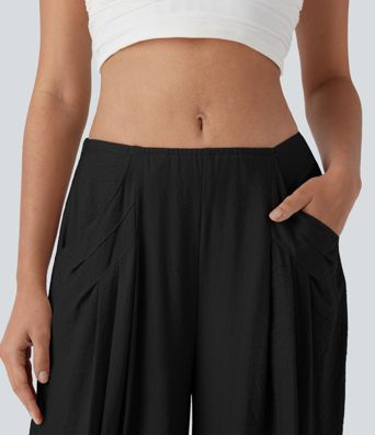 Mid Rise Side Pocket Wide Leg Casual Trousers