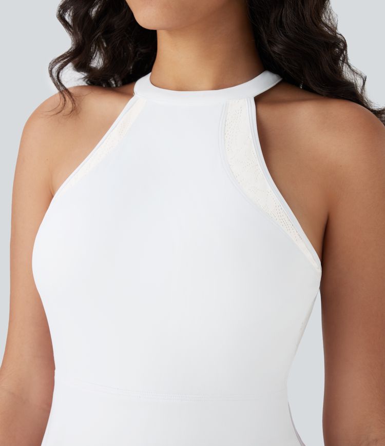 Robe active de yoga mini Softlyzero™ Airy à col licou, crochet G au dos, dos nu, dentelle contrastée, 2-en-1, toucher frais-UPF50+