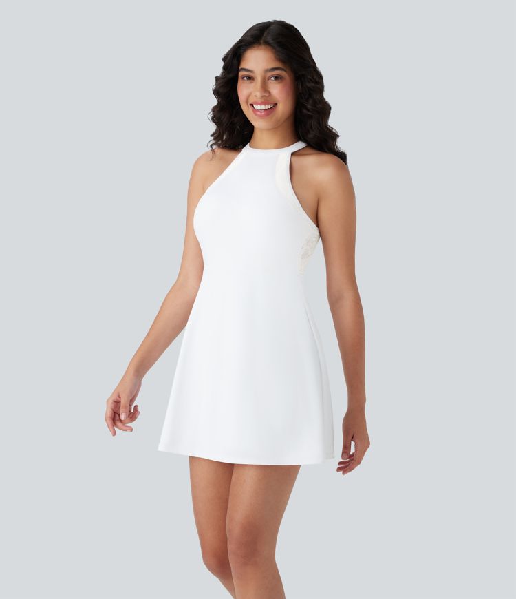 Softlyzero™ Airy Halter G-hook Backless Contrast Lace 2-in-1 Mini Cool Touch Yoga Active Dress-UPF50+