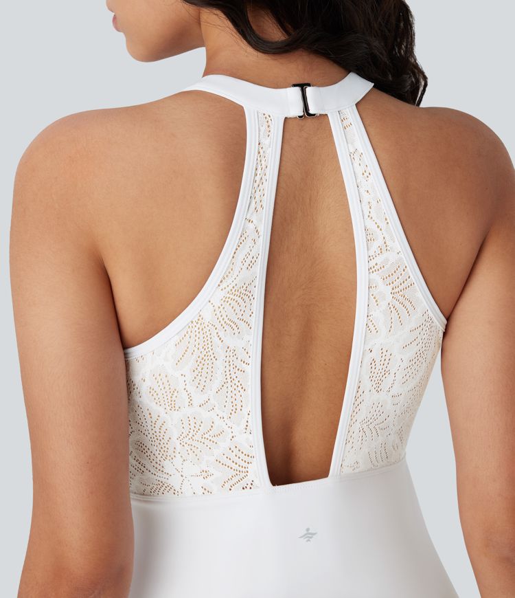 Robe active de yoga mini Softlyzero™ Airy à col licou, crochet G au dos, dos nu, dentelle contrastée, 2-en-1, toucher frais-UPF50+