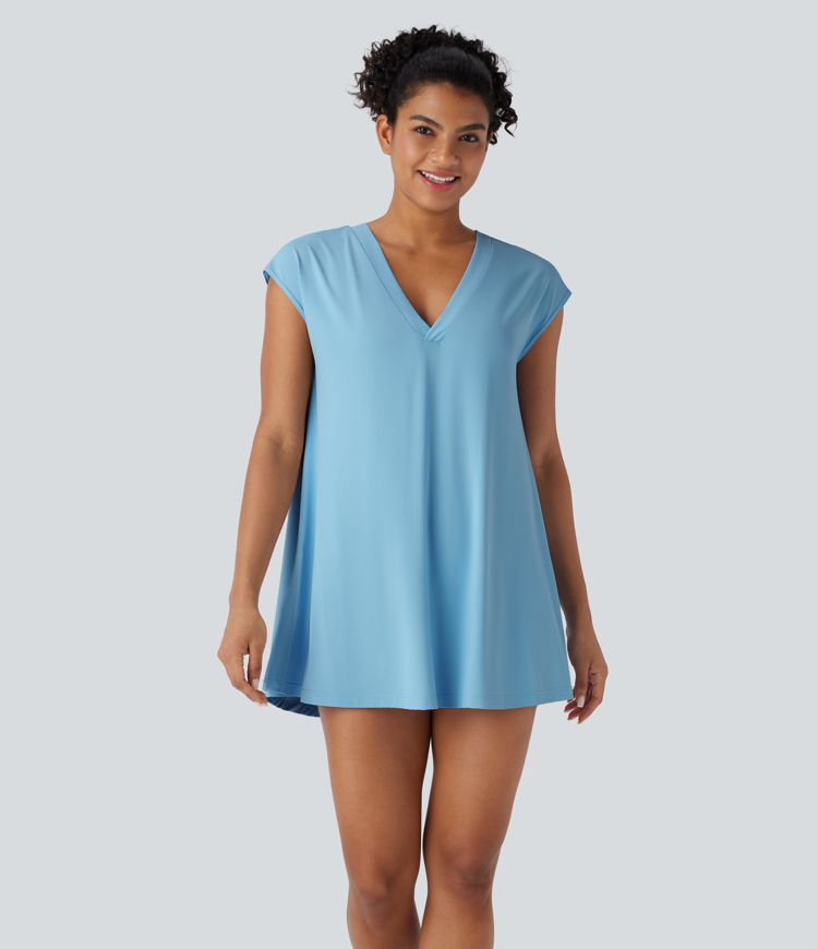 Cache-maillot décontracté à col V avec fente, à effet frais InstantCool, protection solaire UPF50+