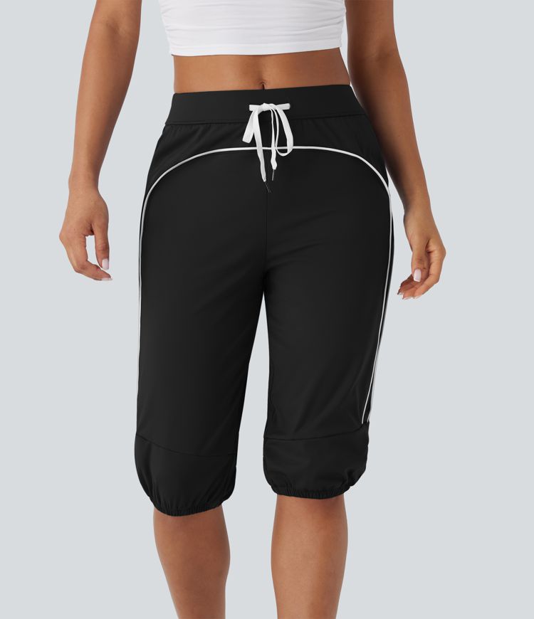 SoftlyZero™ Airy Mid Rise Drawstring Pocket Color Block Contrast Binding Cool Touch Dance Pedal Pusher Joggers -UPF50+