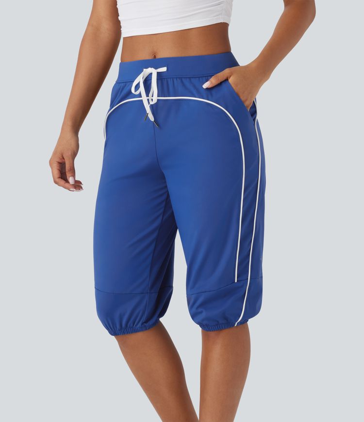 Softlyzero™ Airy Mid Rise Drawstring Side Pocket Color Block Contrast Binding Cool Touch Dance Pedal Pusher Joggers -UPF50+