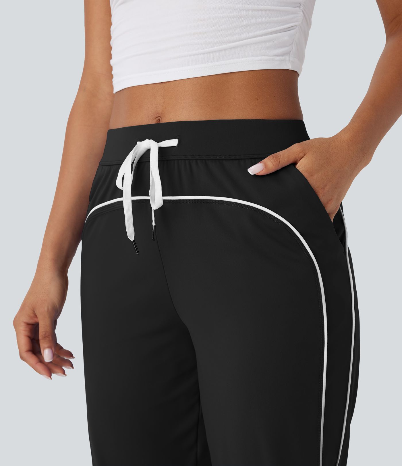 SoftlyZero™ Airy Mid Rise Drawstring Pocket Color Block Contrast Binding Cool Touch Dance Pedal Pusher Joggers -UPF50+