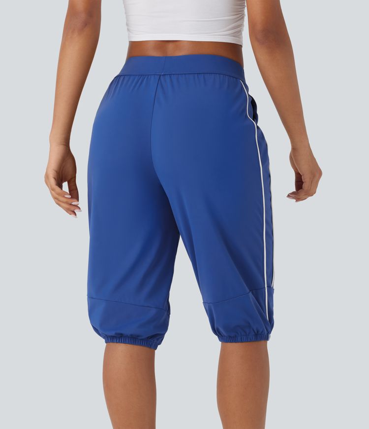 SoftlyZero™ Airy Mid Rise Drawstring Pocket Color Block Contrast Binding  Dance Cropped Capri Joggers -UPF50+