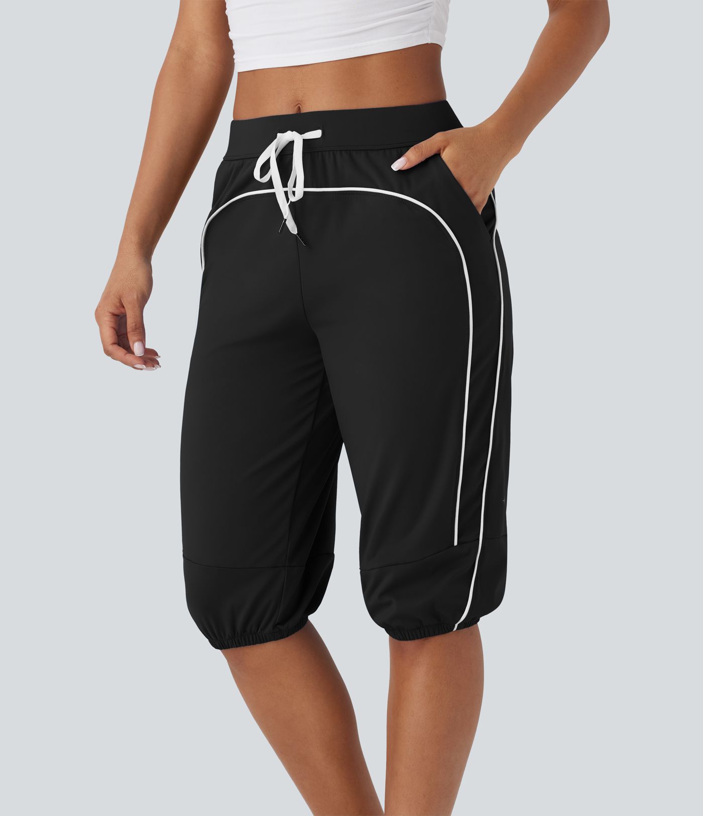 SoftlyZero™ Airy Mid Rise Drawstring Pocket Color Block Contrast Binding Cool Touch Dance Pedal Pusher Joggers -UPF50+