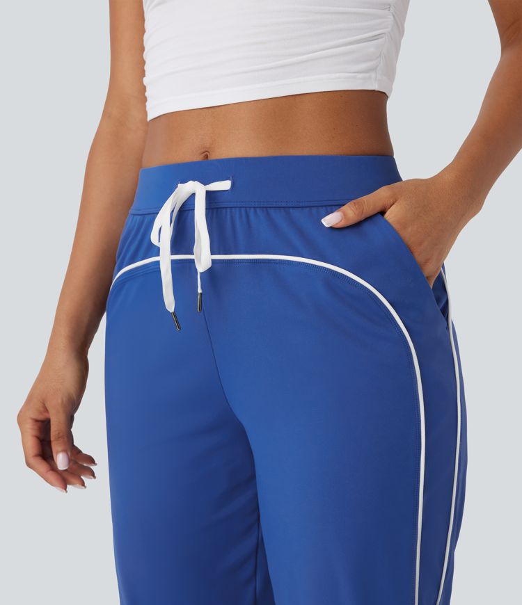 SoftlyZero™ Airy Mid Rise Drawstring Pocket Color Block Contrast Binding  Dance Cropped Capri Joggers -UPF50+