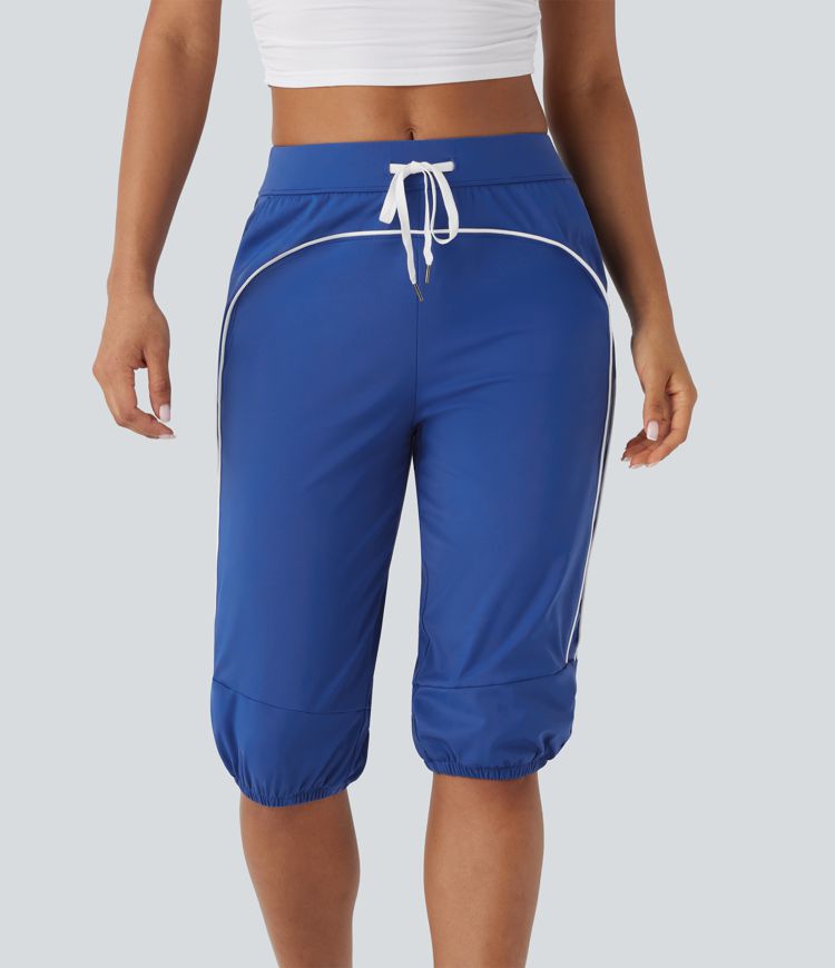 SoftlyZero™ Airy Mid Rise Drawstring Pocket Color Block Contrast Binding  Dance Cropped Capri Joggers -UPF50+