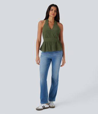 Top casual con cuello halter espalda descubierta con lazo y dobladillo con volantes
