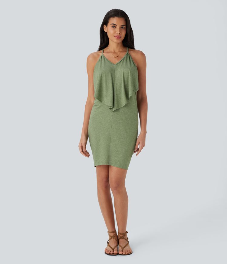 Robe Nuisette Mini de Vacances à Col V, Dos Nu avec Liens, Froncée
