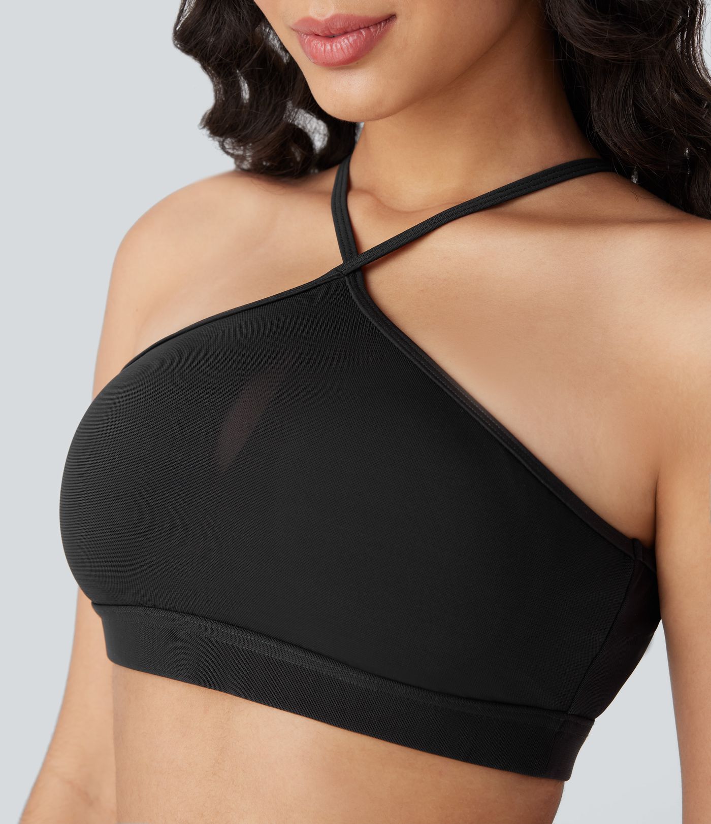 SoftlyZero™ Airy Low Support Halter Cut Out Contrast Mesh Cool Touch Yoga Sports Bra-UPF50+