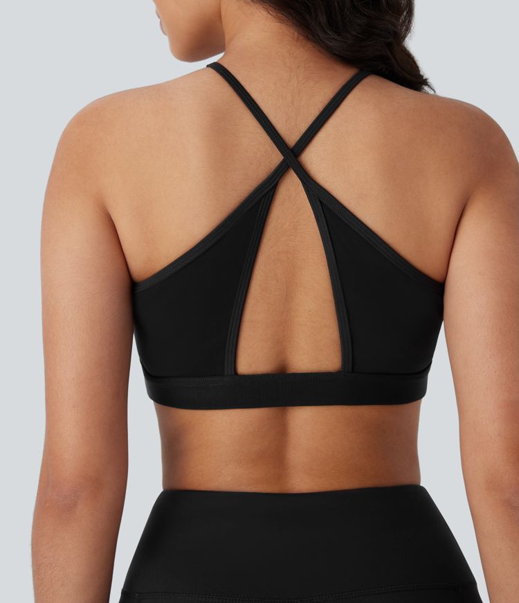 SoftlyZero™ Airy Low Support Halter Cut Out Contrast Mesh Cool Touch Yoga Sports Bra-UPF50+