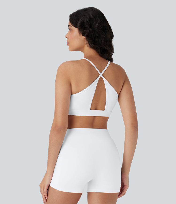Softlyzero™ Airy Low Support Halter Backless Crisscross Cut Out Contrast Mesh  Yoga Sports Bra-UPF50+