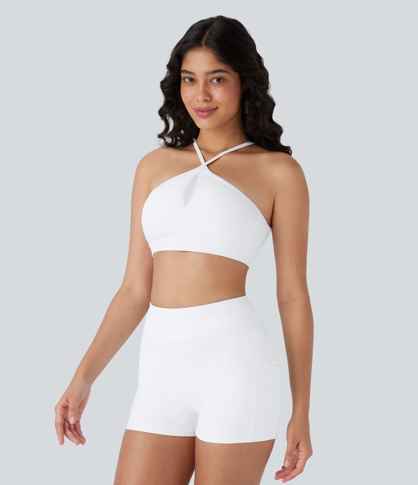 Softlyzero™ Airy Low Support Halter Backless Crisscross Cut Out Contrast Mesh  Yoga Sports Bra-UPF50+