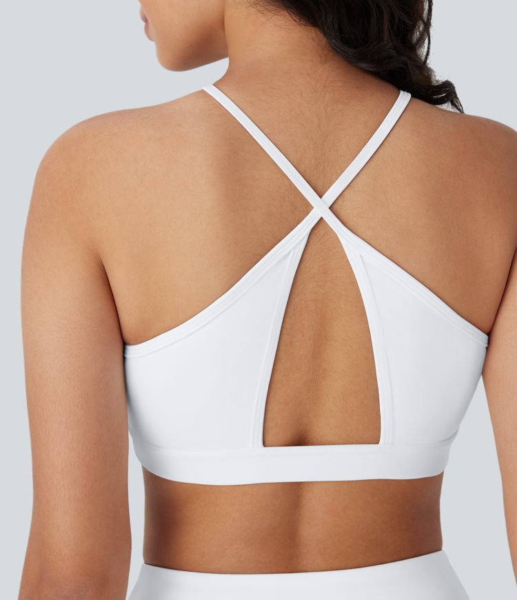 Softlyzero™ Airy Low Support Halter Backless Crisscross Cut Out Contrast Mesh  Yoga Sports Bra-UPF50+