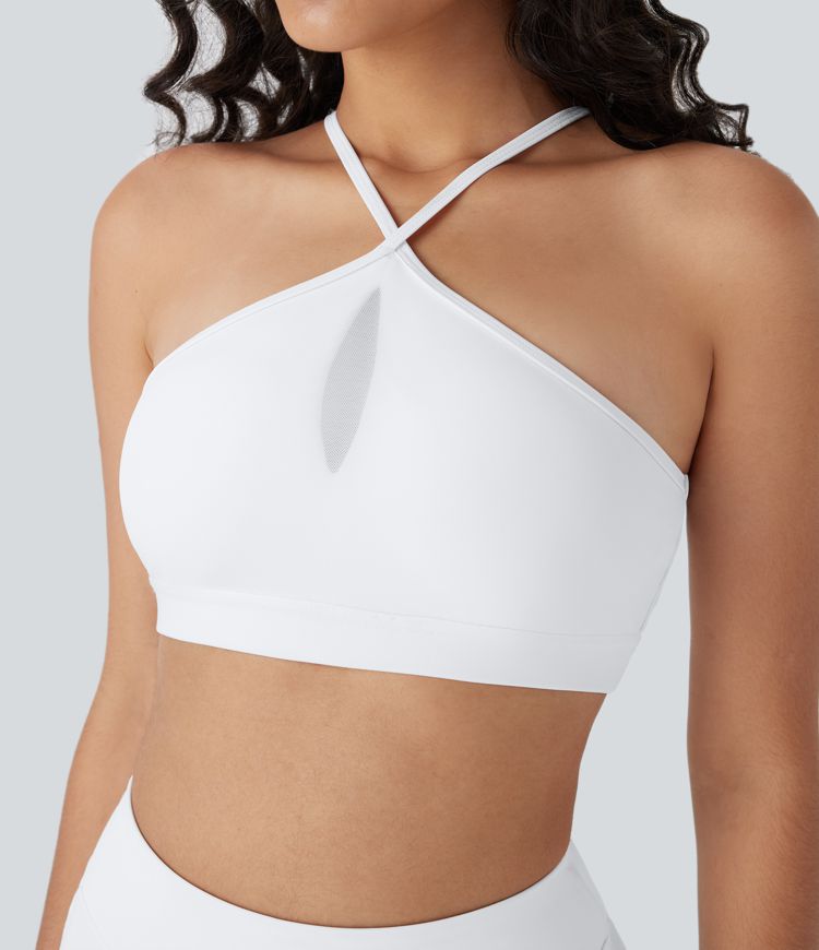 Softlyzero™ Airy Low Support Halter Backless Crisscross Cut Out Contrast Mesh  Yoga Sports Bra-UPF50+
