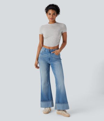 Top corto casual de manga corta con escote redondo, dobladillo cruzado y fruncido