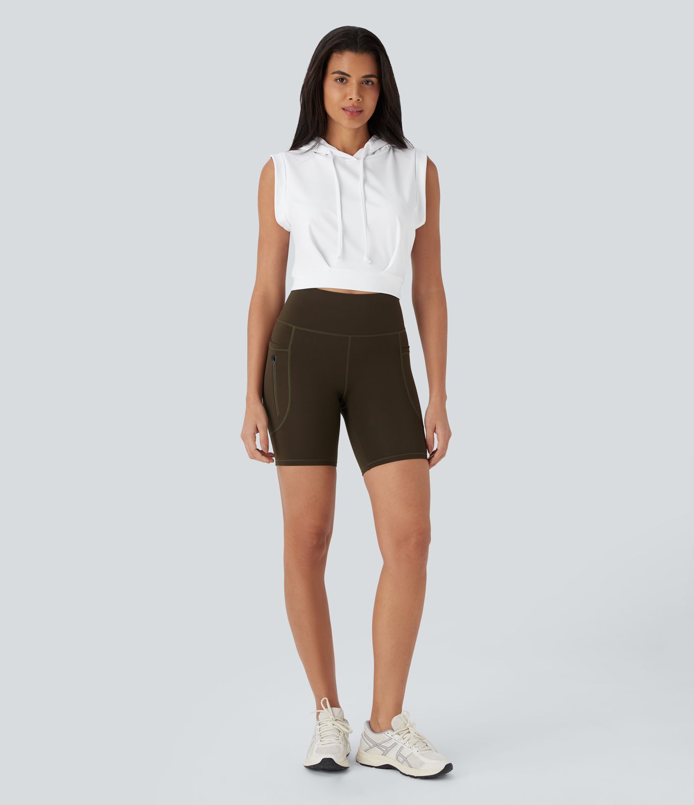 Hooded Drawstring Cap Sleeve Cropped Casual Top