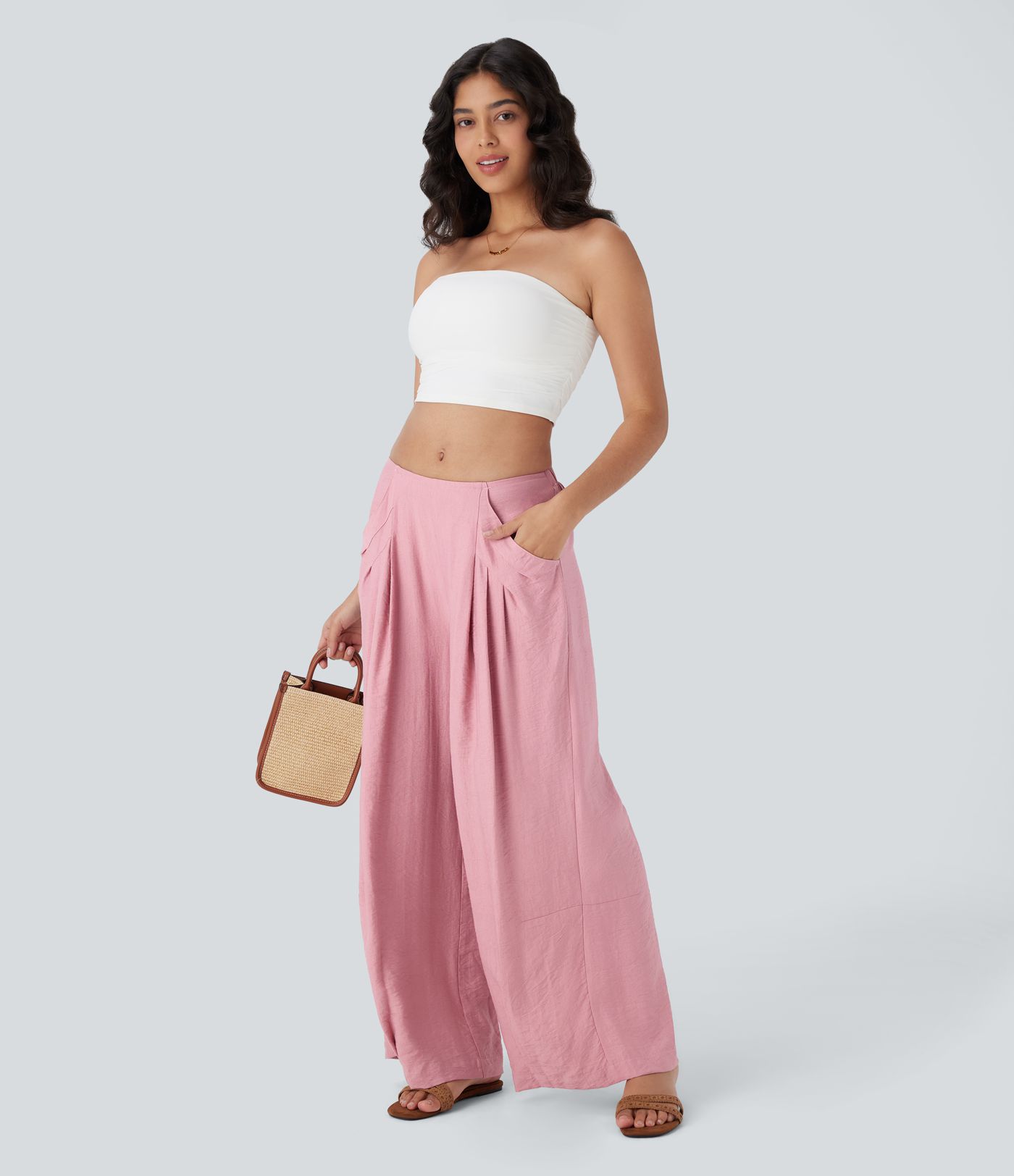 Mid Rise Pocket Wide Leg Casual Pants
