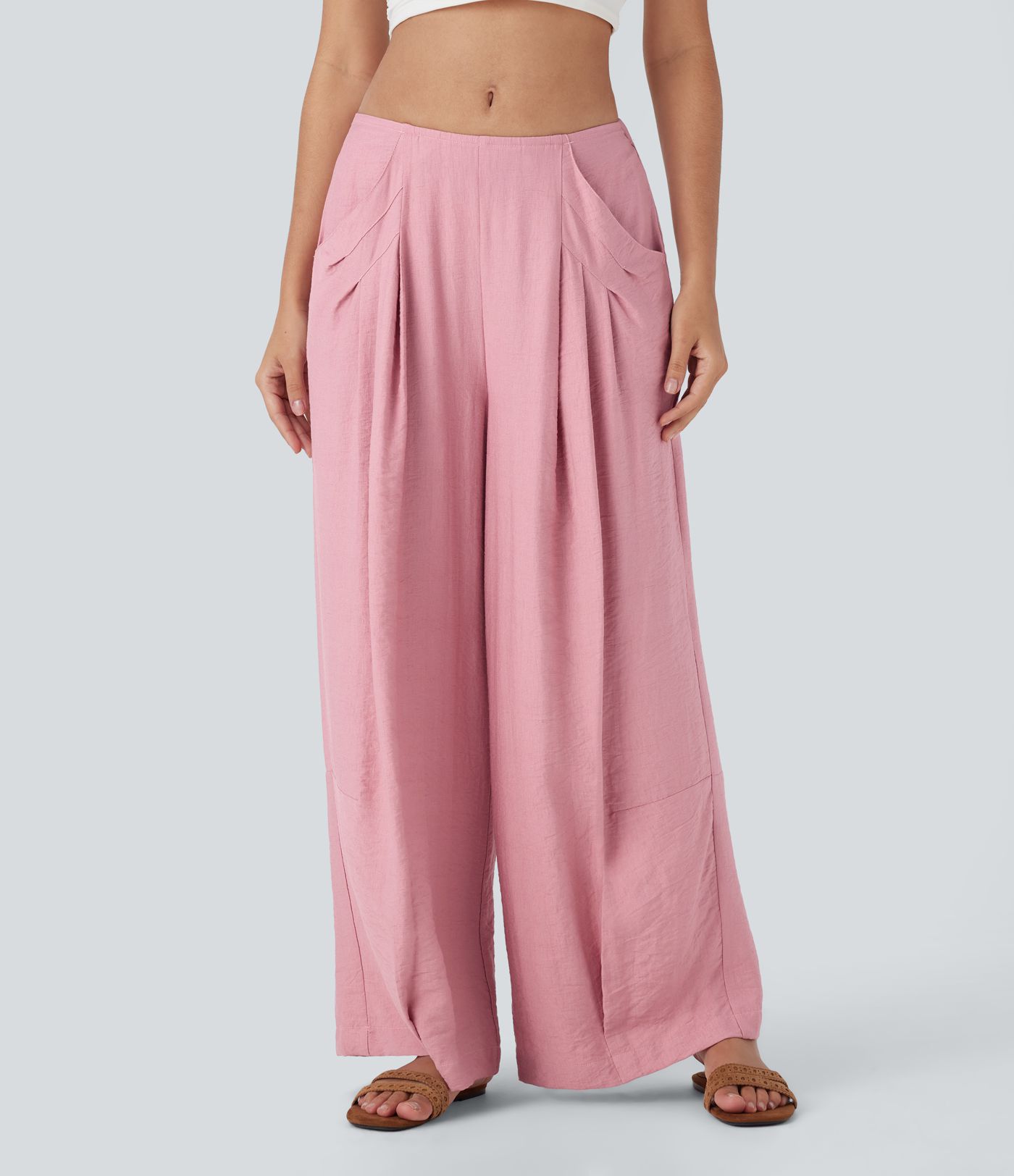 Mid Rise Pocket Wide Leg Casual Pants