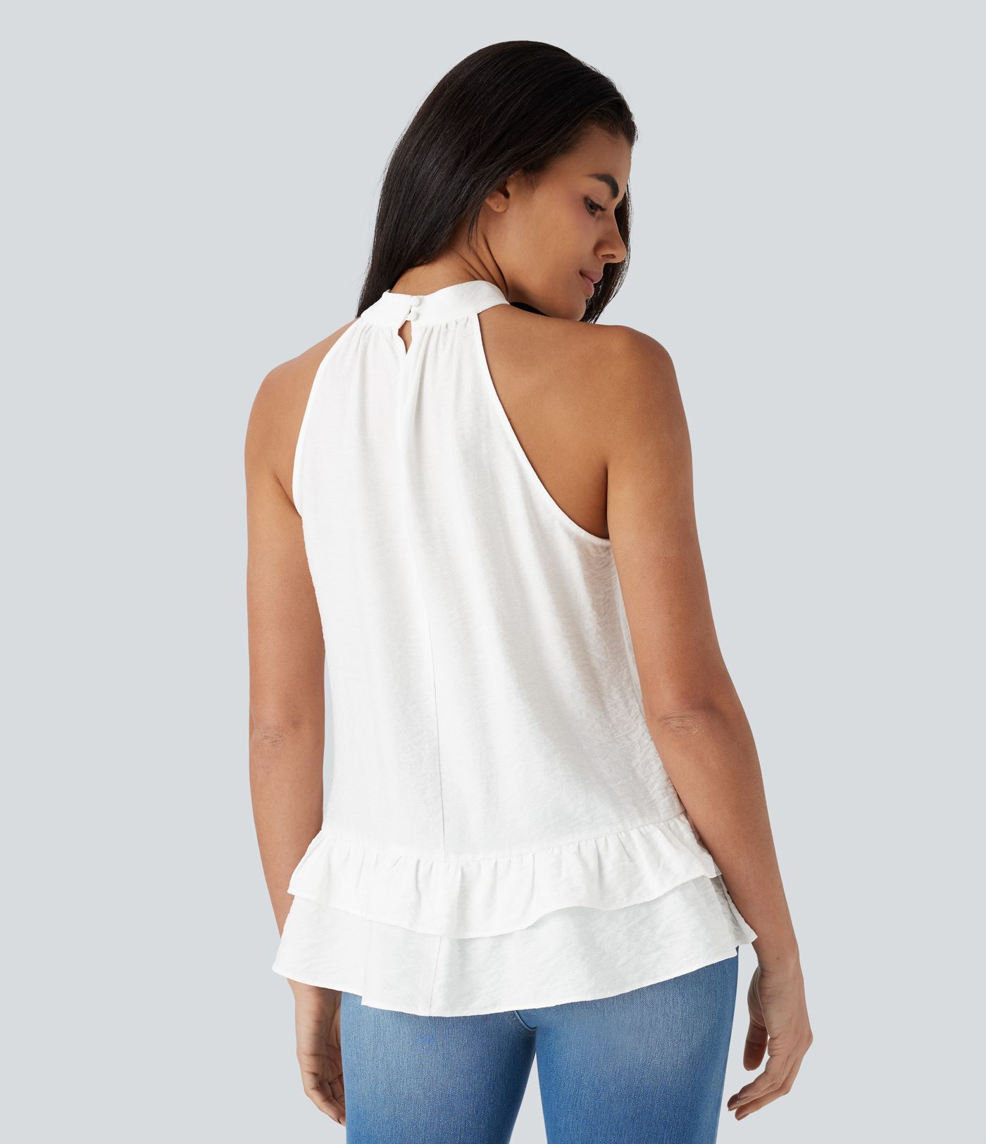 Mock Neck Sleeveless Button Asymmetric Ruffle Hem Casual Top