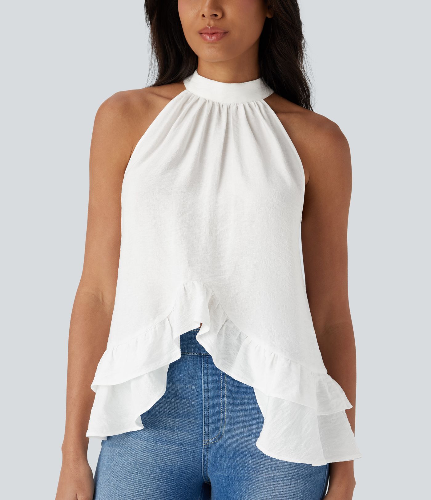 Mock Neck Sleeveless Button Asymmetric Ruffle Hem Casual Top