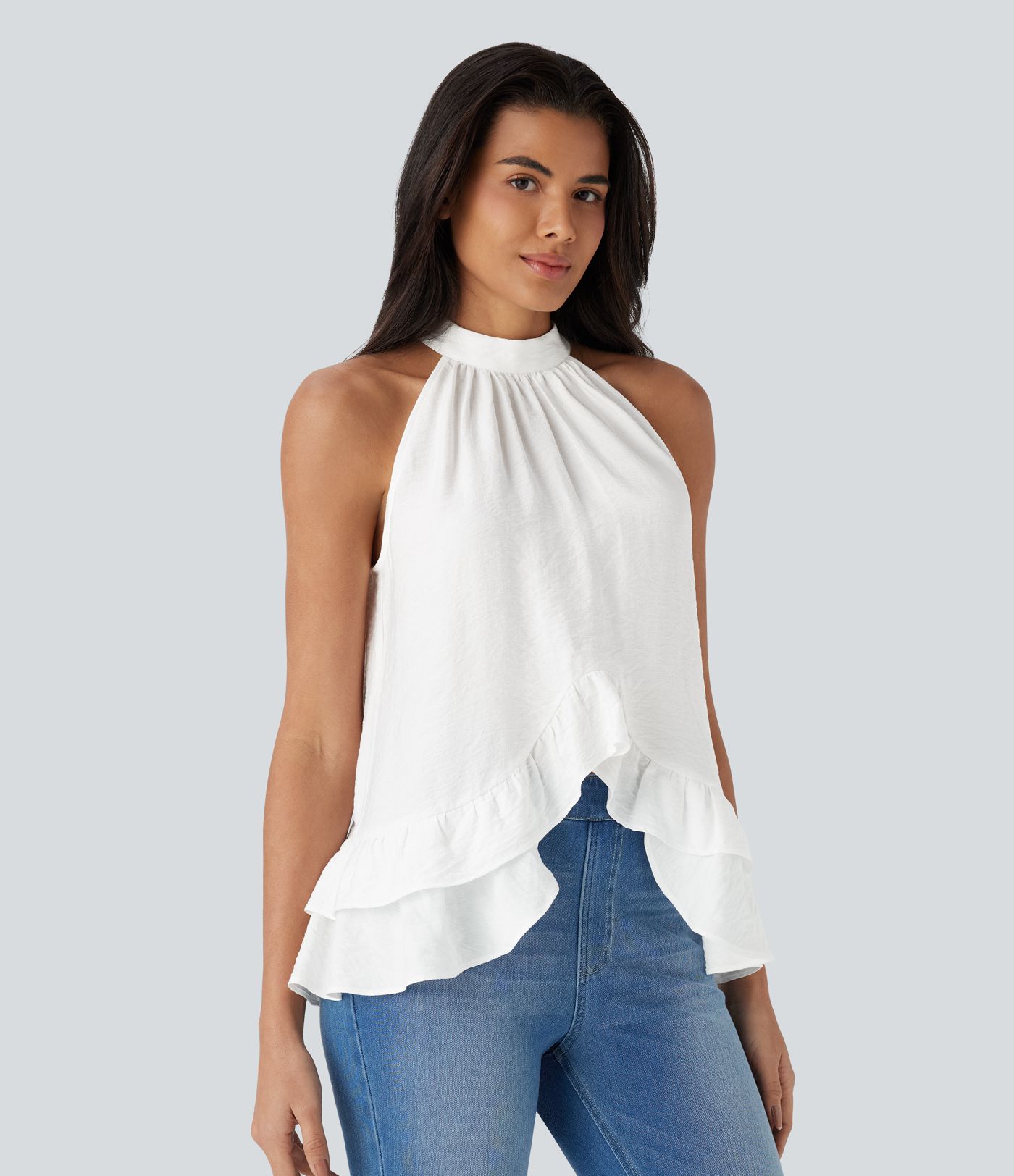 Mock Neck Sleeveless Button Asymmetric Ruffle Hem Casual Top