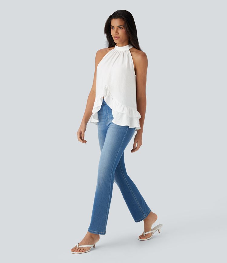 Mock Neck Sleeveless Button Asymmetric Ruffle Hem Casual Top