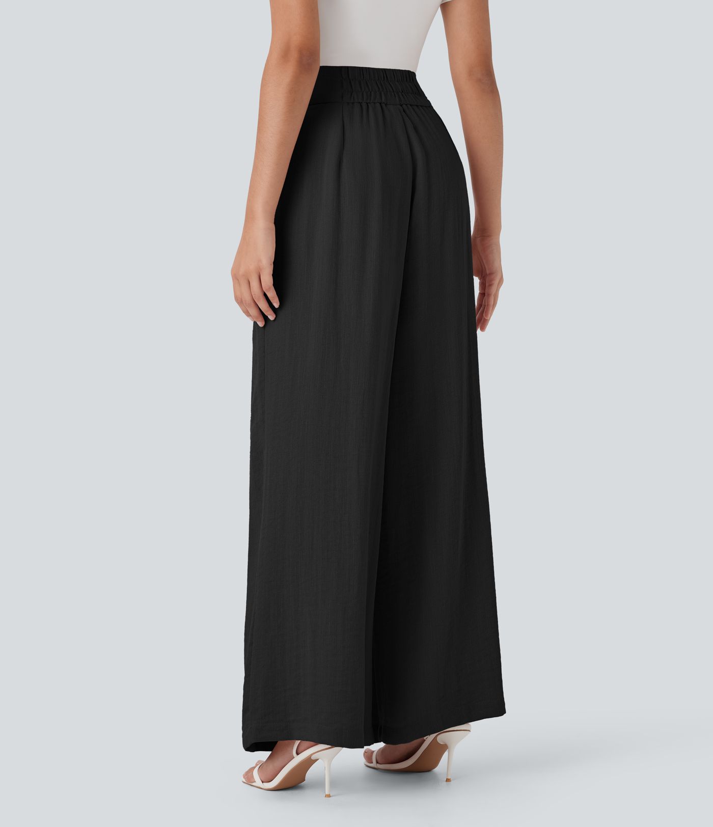 High Waisted Wide Leg Work Linen-Feel Pants with Pockets