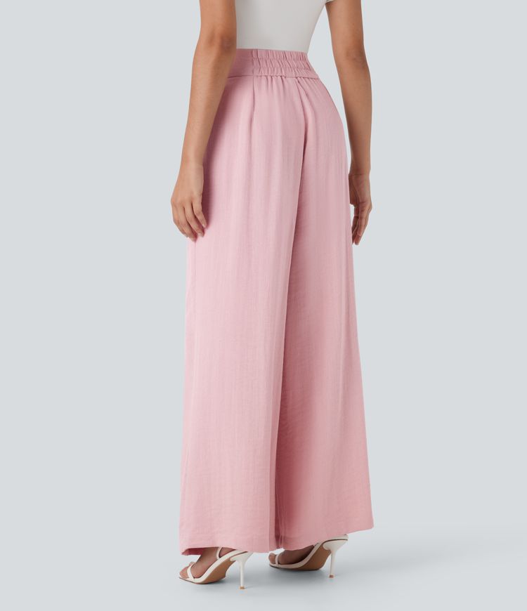 High Waisted Wide Leg Work Linen-Feel Pants with Pockets