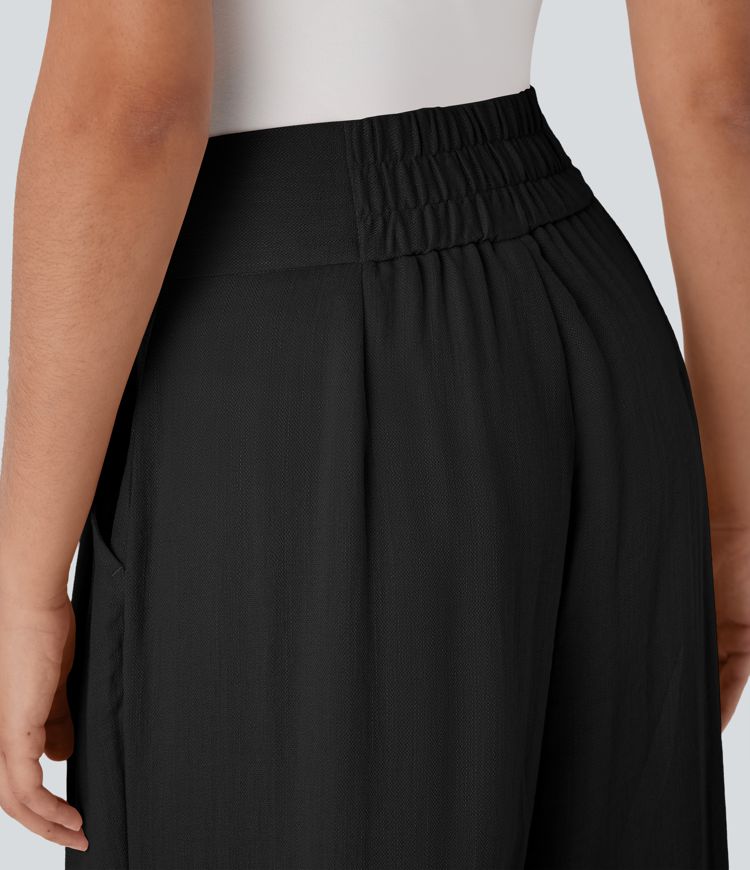 High Waisted Wide Leg Work Linen-Feel Pants with Pockets