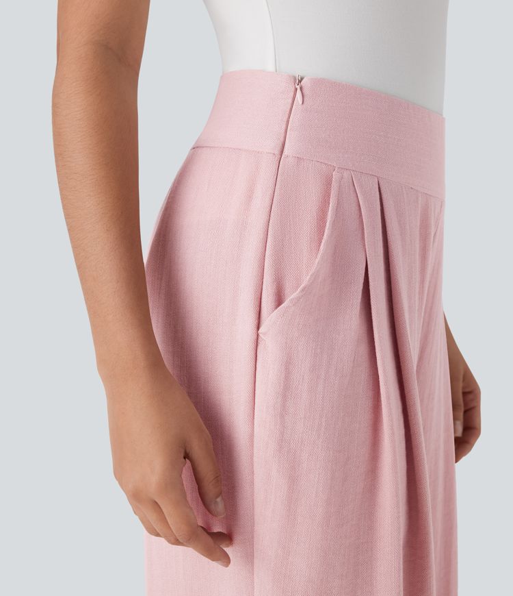 High Waisted Wide Leg Work Linen-Feel Pants with Side Pockets