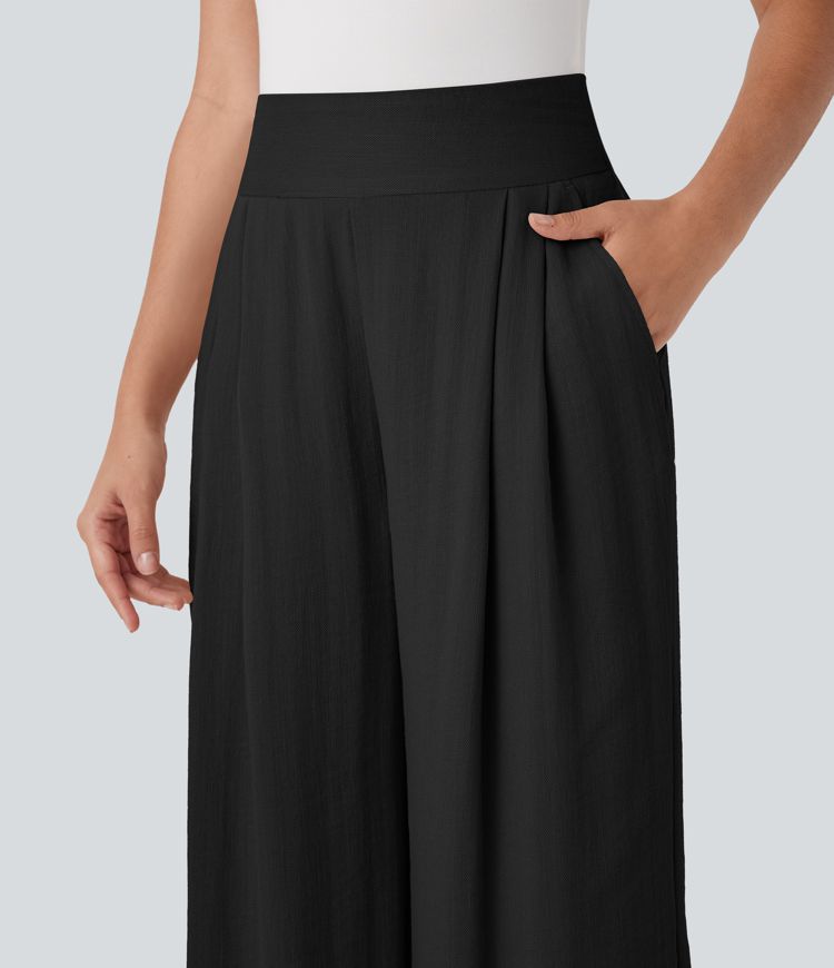 High Waisted Wide Leg Work Linen-Feel Pants with Pockets
