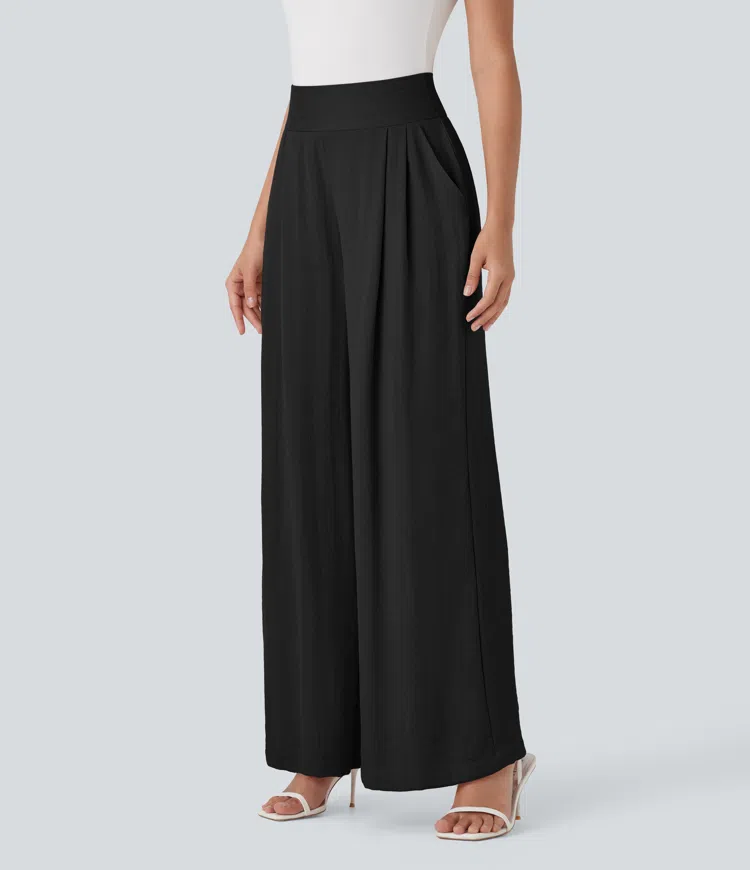 High Waisted Wide Leg Work Linen-Feel Pants with Pockets
