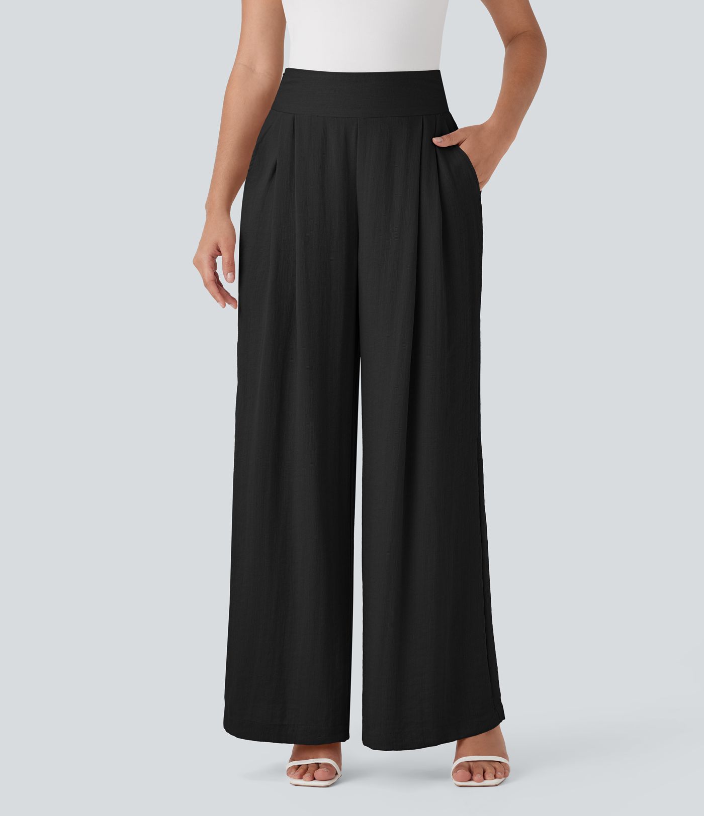 High Waisted Wide Leg Work Linen-Feel Pants with Pockets