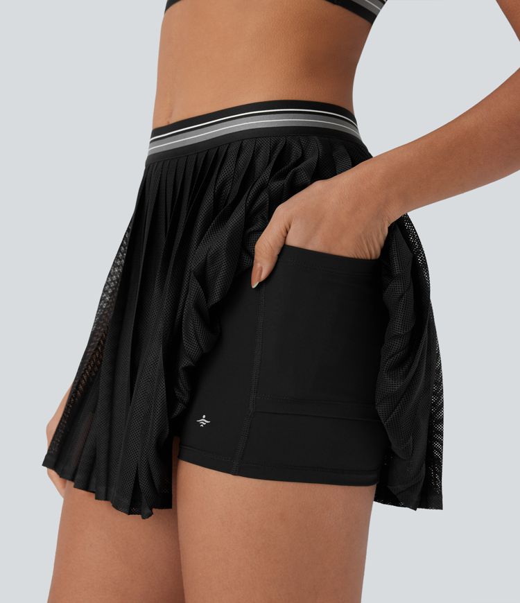 Falda Corta de Tenis de Cintura Alta con Bloque de Color 2 en 1, Bolsillo Recortado, Plisada, Tacto Fresco y Secado Rápido